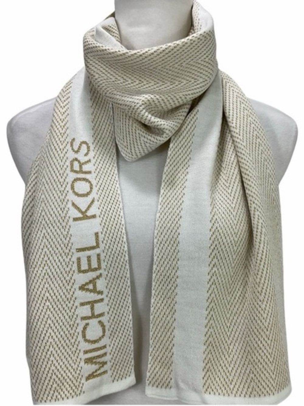 MICHAEL KORS WOMEN'S SCARF - Sz 64" x 10" - LOGO KNIT cream and gold EUC